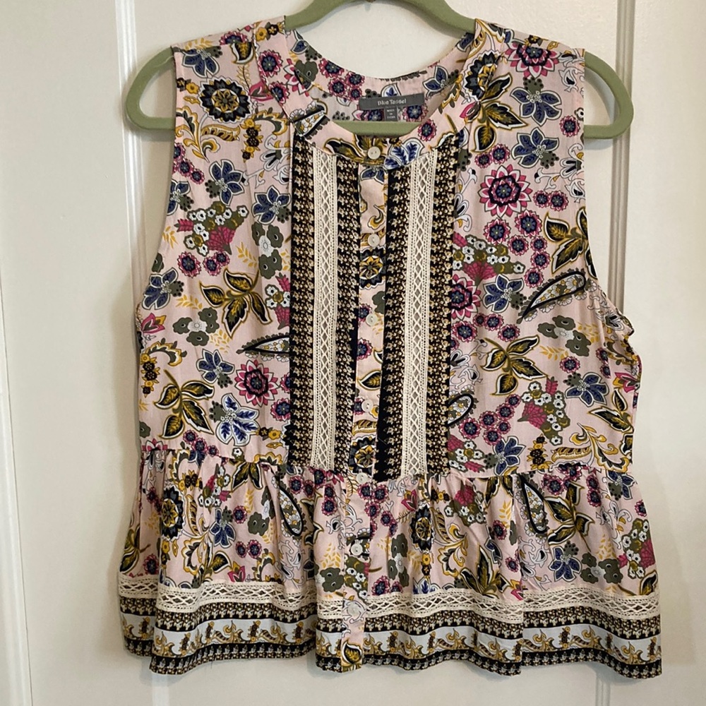 Anthropologie Blue Tassel Floral Sleeveless Crochet Boho Peplum Tank Top Multi M